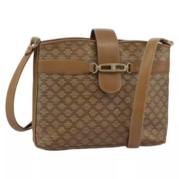 CELINE Macadam Canvas Shoulder Bag PVC Leather Beige Auth - Picture 1 of 16